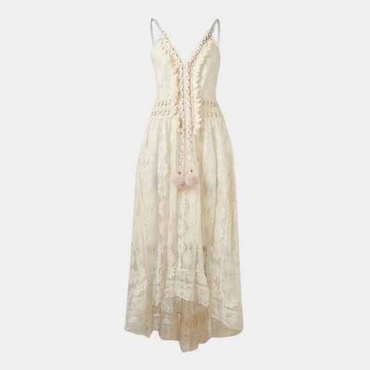 Damen-Midikleid – Lockere Passform – Spitzendetails – V-Ausschnitt – Boho-Stil – Atmungsaktiver Stoff