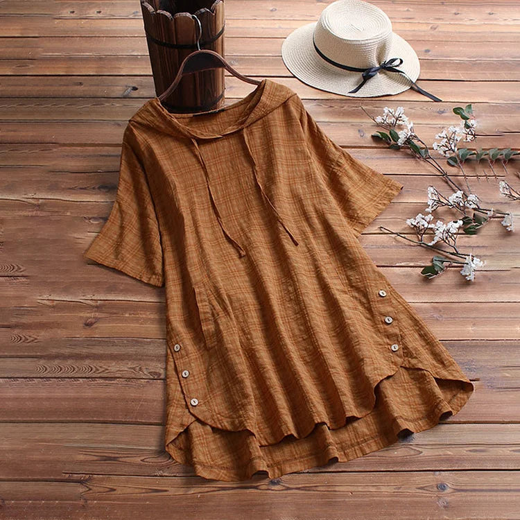 T-Shirt für Damen – Lockerer Schnitt – Rundhalsausschnitt – Knopfdetail – Atmungsaktive Materialmischung