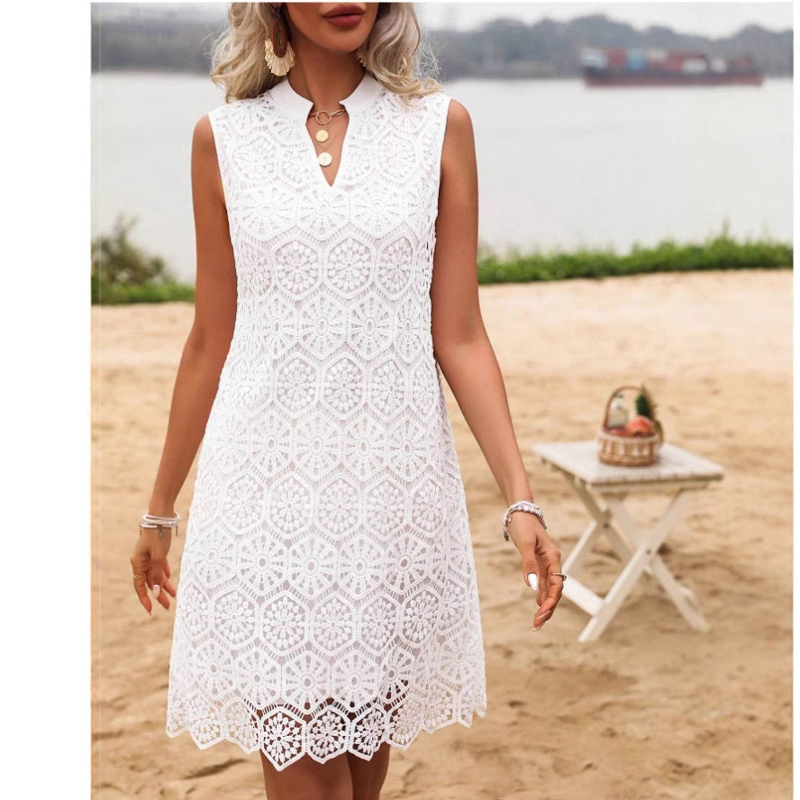 Damen-Minikleid – Geometrische Spitze – Gerader Schnitt – Ärmellos mit V-Ausschnitt – Stilvoller Look