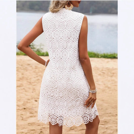 Damen-Minikleid – Geometrische Spitze – Gerader Schnitt – Ärmellos mit V-Ausschnitt – Stilvoller Look