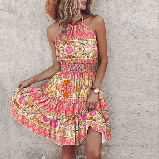 Damen-Minikleid – Lockere Passform – Neckholder – Geraffte Taille – Boho-Print – Atmungsaktive Materialmischung