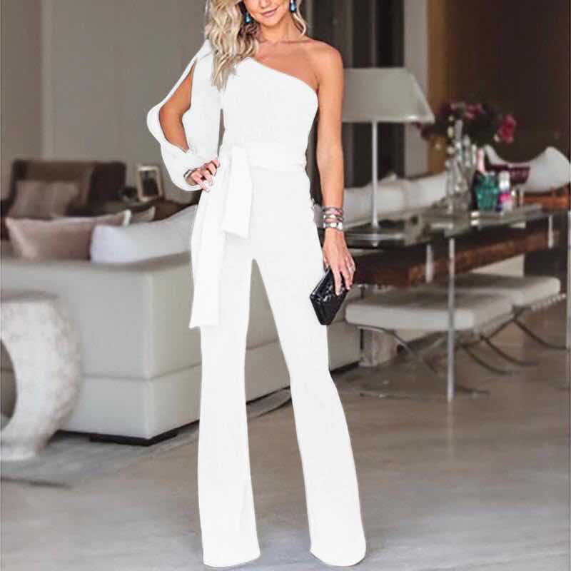Damen-Jumpsuit – Ein-Schulter-Design – Schmale Passform – Ausgestelltes Bein – Taillengürtel – Luxusstoff