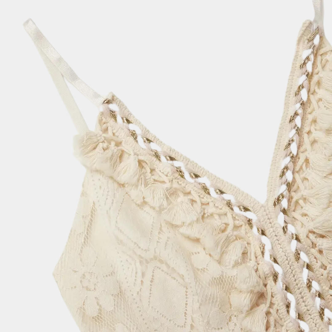 Damen-Midikleid – Lockere Passform – Spitzendetails – V-Ausschnitt – Boho-Stil – Atmungsaktiver Stoff