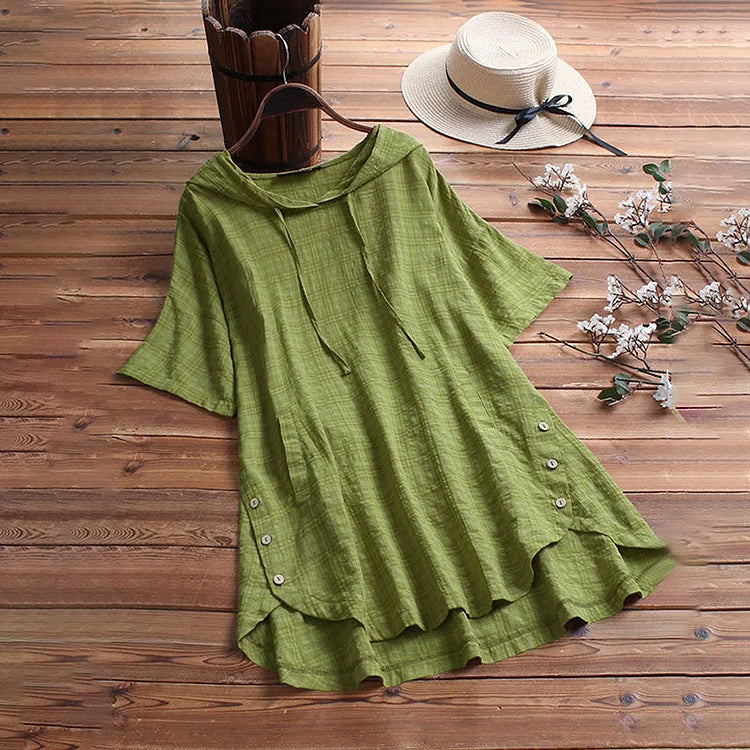 T-Shirt für Damen – Lockerer Schnitt – Rundhalsausschnitt – Knopfdetail – Atmungsaktive Materialmischung