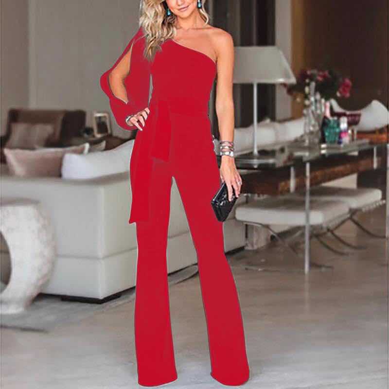 Damen-Jumpsuit – Ein-Schulter-Design – Schmale Passform – Ausgestelltes Bein – Taillengürtel – Luxusstoff