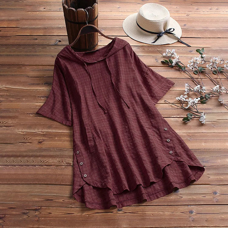 T-Shirt für Damen – Lockerer Schnitt – Rundhalsausschnitt – Knopfdetail – Atmungsaktive Materialmischung