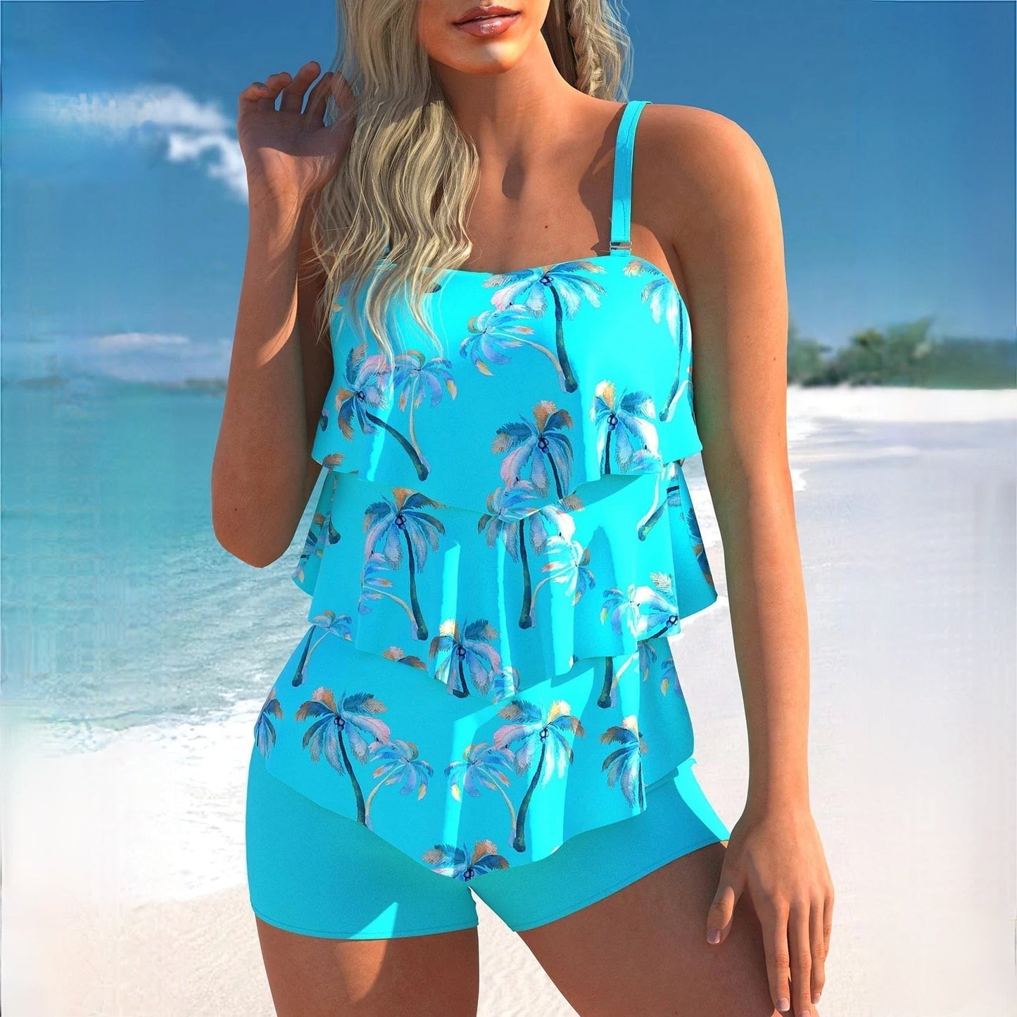 Damen-Tankini-Set – Oberteil mit Lagenvolants – Verstellbare Träger – Eng anliegende Badeshorts