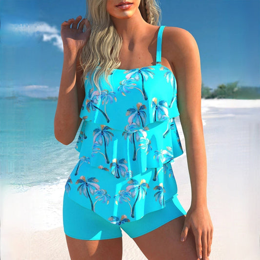 Damen-Tankini-Set – Oberteil mit Lagenvolants – Verstellbare Träger – Eng anliegende Badeshorts